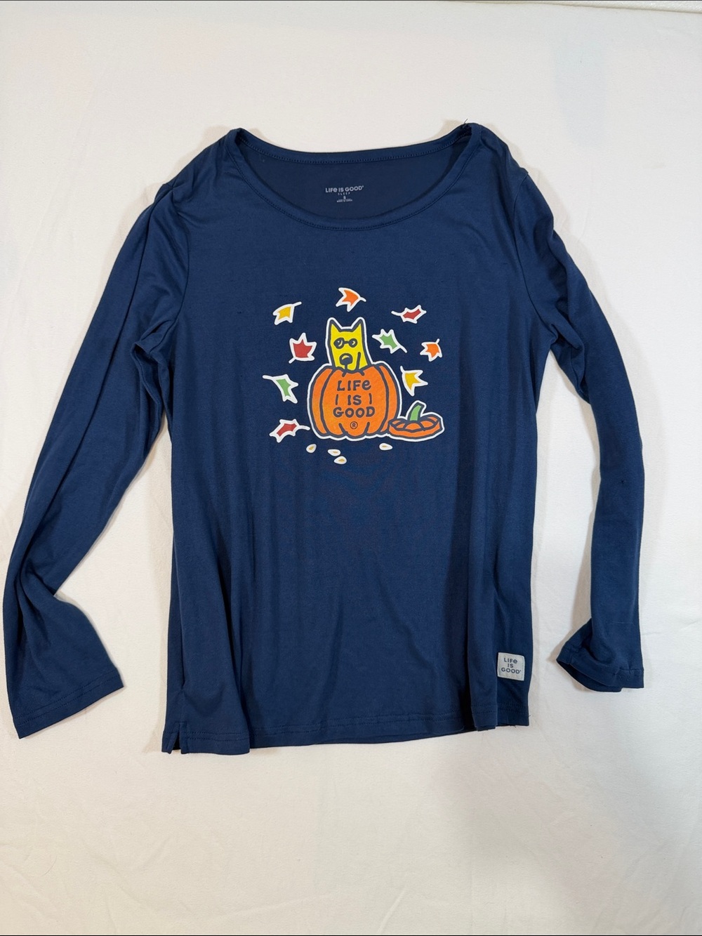 Life Is Good Navy Long-Sleeve Pajama Top with Pumpkin Cat Graphic